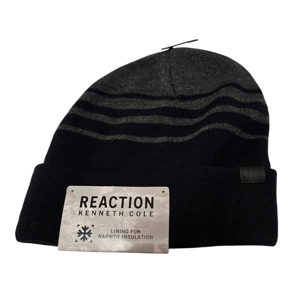 Kenneth Cole Reaction Knit Hat Striped Beanie Navy Blue Gray NEW